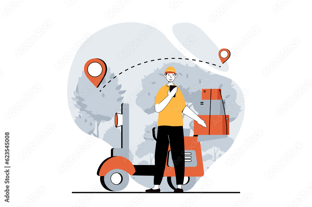 Delivery service concept with people scene in flat design for web. Man courier with motorbike carrying boxes with online tracking. Illustration for social media banner, marketing material. Delivery service concept with people scene in flat design for web. Man courier with motorbike carrying boxes with online tracking. Illustration for social media banner, marketing material.