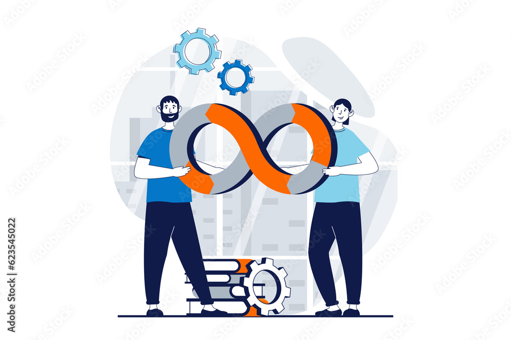 DevOps concept with people scene in flat design for web. Man working in team with software programming and optimization workflow. Illustration for social media banner, marketing material.