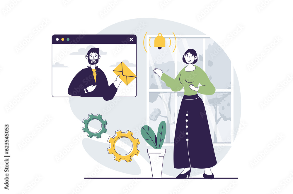 Email service concept with people scene in flat design for web. Man sends electronic letter and woman receives an inbox notification. Illustration for social media banner, marketing material.