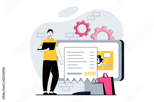 Electronic receipt concept with people scene in flat design for web. Man making online shopping  ordering and paying of digital check. Illustration for social media banner  marketing material.
