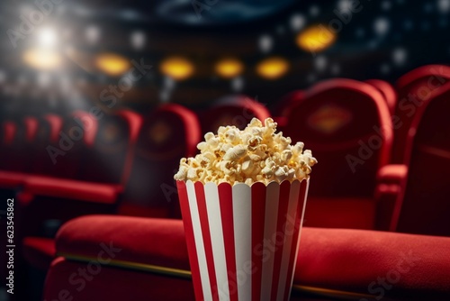 Popcorn in a red striped box on a dark background. Cinema concept