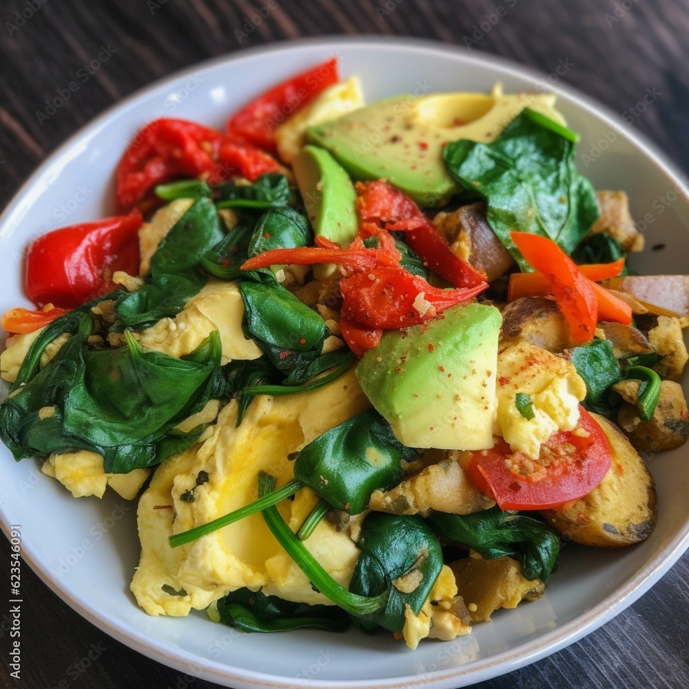 Vegetable salad with avocado, spinach, tomato and red pepper