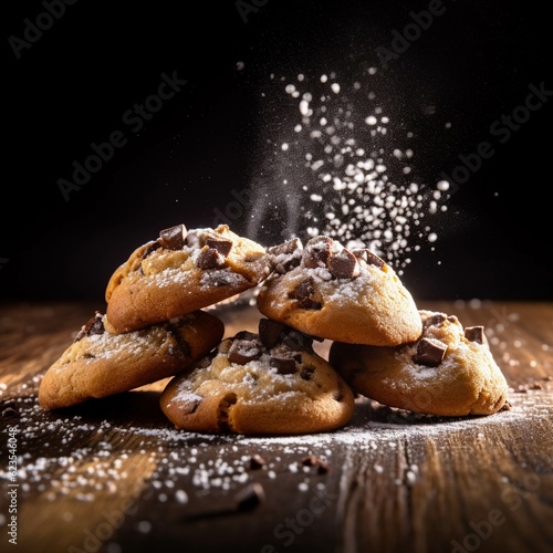 Chocolate chip cookies on a wooden board. Selective focus.