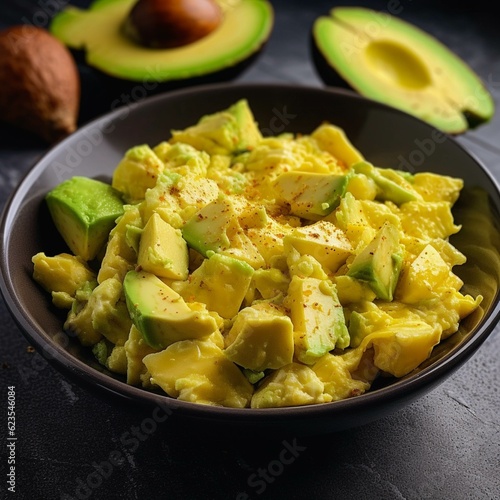 Avocado salad in bowl on black stone background. Healthy food concept.