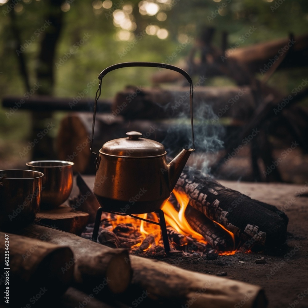 Kettle on a campfire in the woods. Camping. Kettle on a campfire in the woods. Camping.