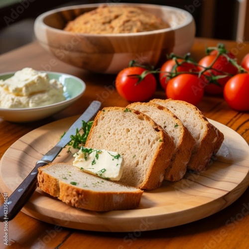 Bread with butter on a wooden plate and tomatoes on the table