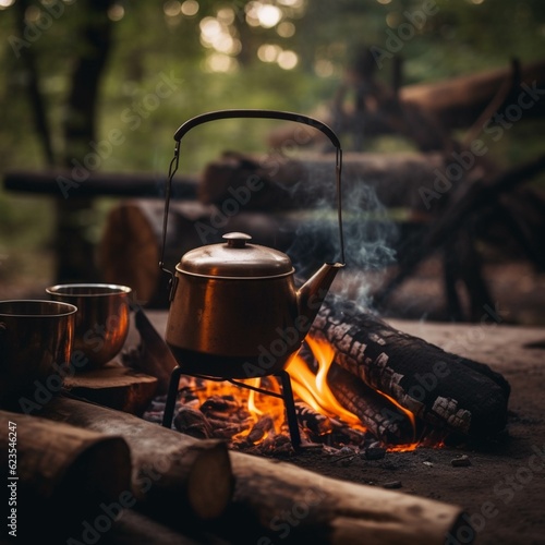 Kettle on a campfire in the woods. Camping.