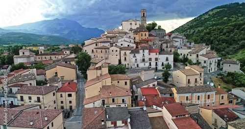 aerial view of the small village of Goriano Sicoli placed among the mountains of the Regional Natural Park of Sirente Velino. photo