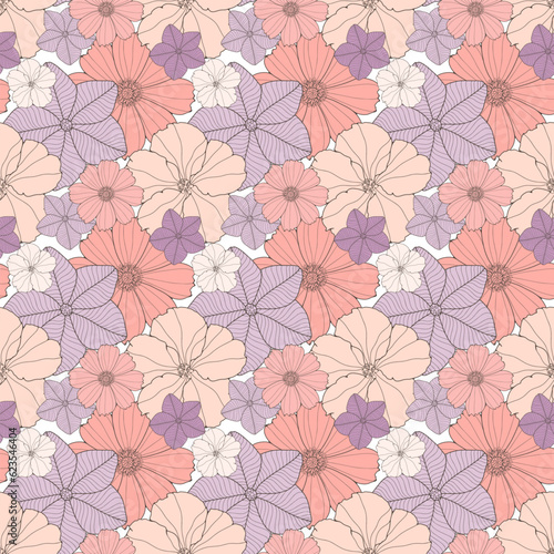 Floral seamless pattern with multi-colored flowers in delicate pink-purple hues. Pattern for textiles  wrapping paper  wallpapers  covers  backgrounds