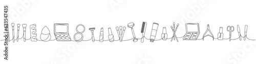 Set of makeup tools one line continuous drawing. Brushes, sponge, nail polish, massage roller, comb, cosmetic cream, cuticle scissor