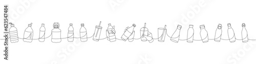 Different types of bottles one line continuous drawing. Empty glass and plastic bottles continuous one line illustration. Vector linear illustration.