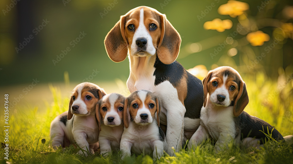 Beagle dog  mum with puppies playing on a green meadow land, cute dog puppies 