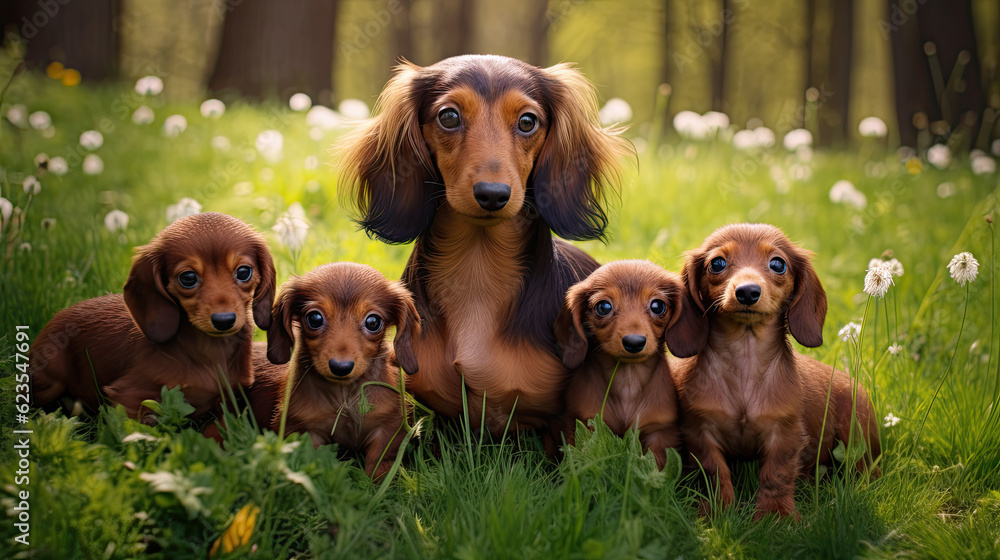 Dachshund dog mum with puppies playing on a green meadow land, cute dog puppies 