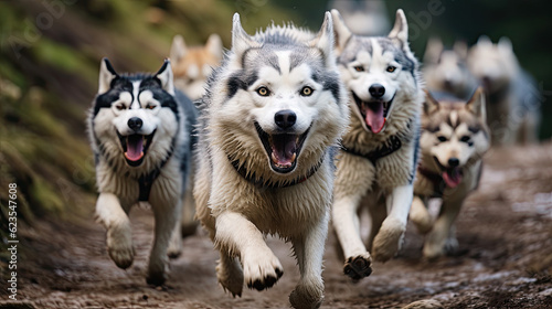 A Pack of Husky Dogs  are Running and Playing Together in the Meadow