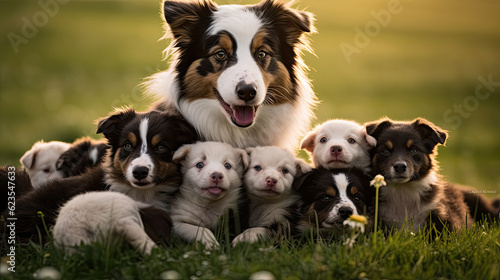 Aussie dog mum with puppies playing on a green meadow land, cute dog puppies 