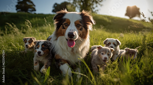 Aussie dog mum with puppies playing on a green meadow land, cute dog puppies 