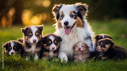 Aussie dog mum with puppies playing on a green meadow land, cute dog puppies 