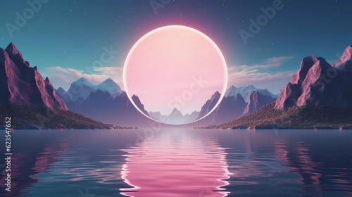 Abstract neon background with super moon and circle shape  Beautiful frame and extraterrestrial landscape under the night sky and Rocks. Futuristic technology minimalist background. Generative AI.