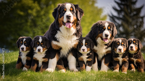 Bernese dog mum with puppies playing on a green meadow land, cute dog puppies 