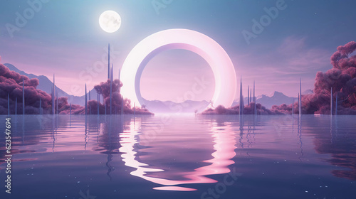 Abstract neon background with super moon and circle shape, Beautiful frame and extraterrestrial landscape under the night sky and Rocks. Futuristic technology minimalist background. Generative AI.