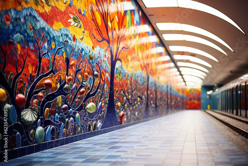 A close-up shot capturing the intricate and colorful mosaic artwork adorning the walls of a metro station Generative AI