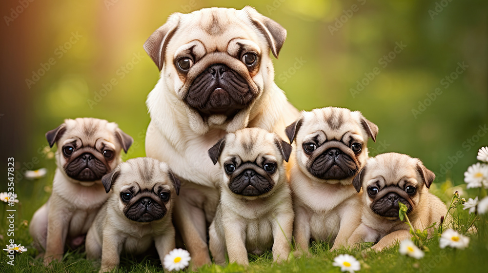 Pug dog mum with puppies playing on a green meadow land, cute dog puppies 