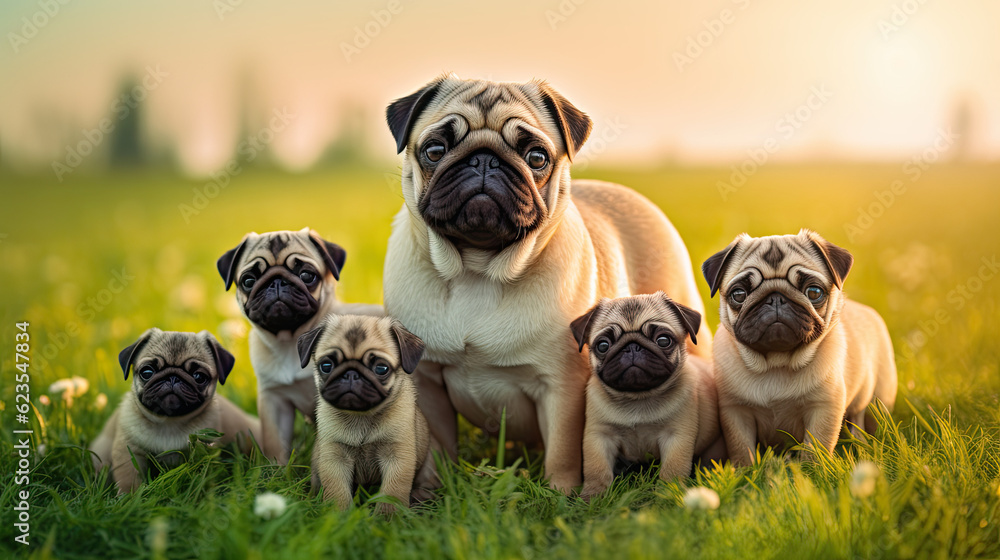 Pug dog mum with puppies playing on a green meadow land, cute dog puppies 