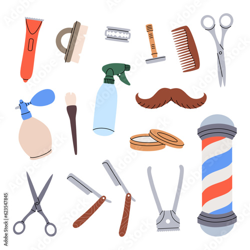 Fototapeta Naklejka Na Ścianę i Meble -  Barber shop tools set. Hairdressing tool kit. Electric hair clipper, hairdresser brush, spray bottle, barber shop pole, professional razor, scissors.