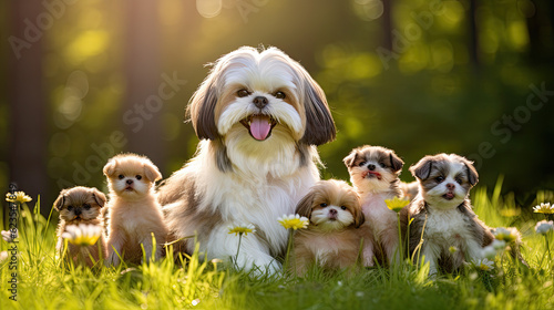 Shih tzu dog mum with puppies playing on a green meadow land, cute dog puppies 