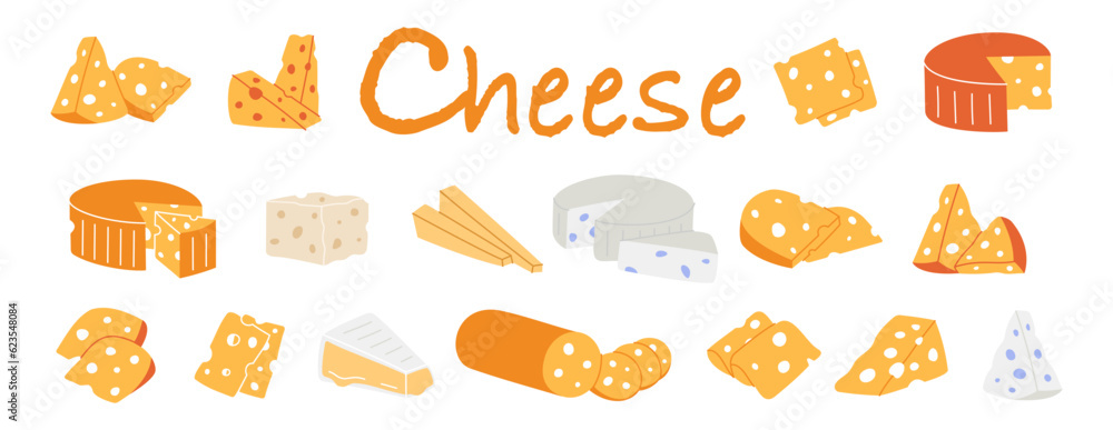 Triangles and slices of delicious cheeses. Pieces of cheeses with internal holes. Cheddar, camembert, brick, mozzarella, maasdam, brie, feta, parmesan Triangles and slices of delicious cheeses. Pieces of cheeses with internal holes. Cheddar, camembert, brick, mozzarella, maasdam, brie, feta, parmesan
