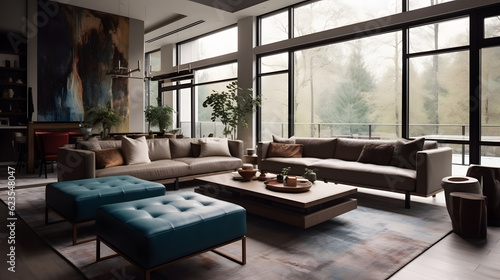Interior design of Living Room in Modern style with Large Windows decorated with Leather, Velvet, Metal, Glass, Wood material. Open floor plan architecture. G24. © Prasanth