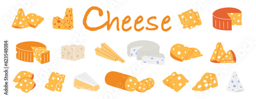 Triangles and slices of delicious cheeses. Pieces of cheeses with internal holes. Cheddar, camembert, brick, mozzarella, maasdam, brie, feta, parmesan