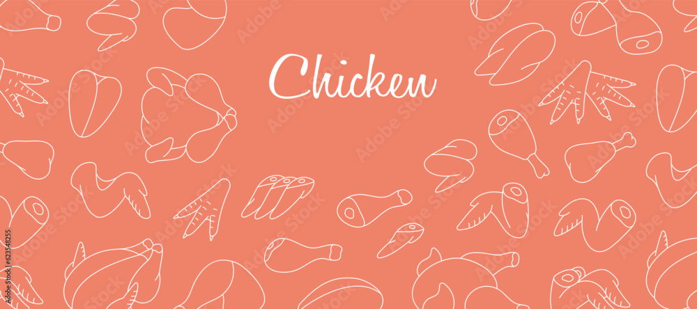 Meat cuts of chicken horizontal outline banner. Butcher shop. Whole chicken, brisket wing, carcass, fillet, ham, leg, breast, shank, drumstick. Meat cuts of chicken horizontal outline banner. Butcher shop. Whole chicken, brisket wing, carcass, fillet, ham, leg, breast, shank, drumstick.