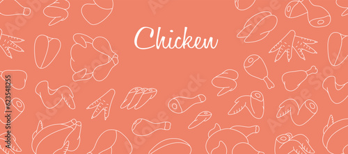 Meat cuts of chicken horizontal outline banner. Butcher shop. Whole chicken, brisket wing, carcass, fillet, ham, leg, breast, shank, drumstick.