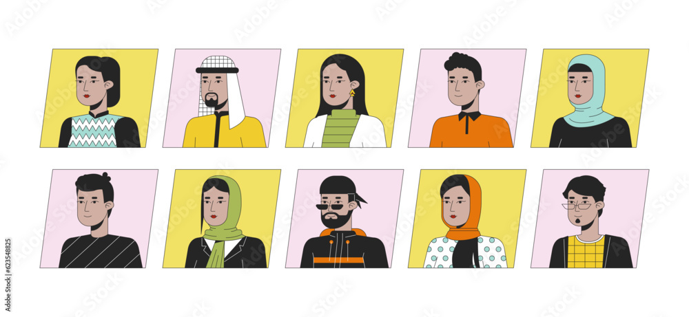 Attractive indian people flat color cartoon avatar icons bundle. Editable 2D user portraits linear illustrations. Isolated vector face profile cliparts. Userpic collection, people head and shoulders Attractive indian people flat color cartoon avatar icons bundle. Editable 2D user portraits linear illustrations. Isolated vector face profile cliparts. Userpic collection, people head and shoulders