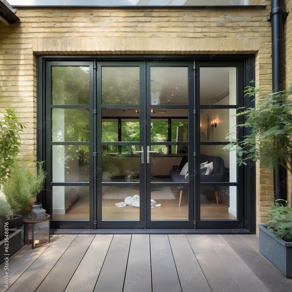 glass door separating a cozy backyard from a modern interior, generative ai glass door separating a cozy backyard from a modern interior, generative ai