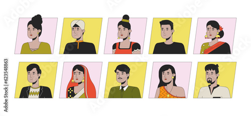 Pretty indian people flat color cartoon avatar icons bundle. Editable 2D user portrait linear illustration. Isolated vector face profile clipart. Userpic collection, person head and shoulders