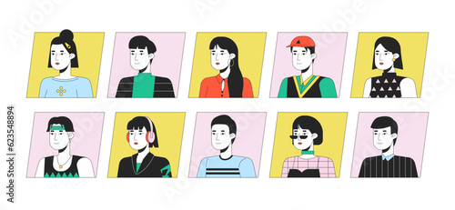 Excited asian people flat color cartoon avatar icons bundle. Editable 2D user portrait linear illustration. Isolated vector face profile cliparts. Userpic collection, people head and shoulders