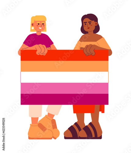 Attractive women hold lesbian pride flag semi flat color vector characters. Editable full body people support lgbt lesbian community on white. Simple cartoon spot illustration for web graphic design