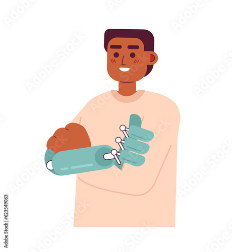 Cheerful man with artificial limb prosthesis semi flat color vector character. Editable half body man crossed arms. Guy with bionic hand. on white. Simple cartoon spot illustration for web design