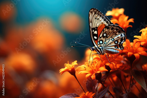 Butterfly on orange flowers background