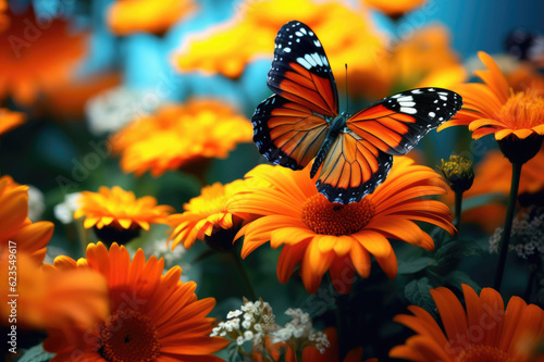 Butterfly on orange flowers background