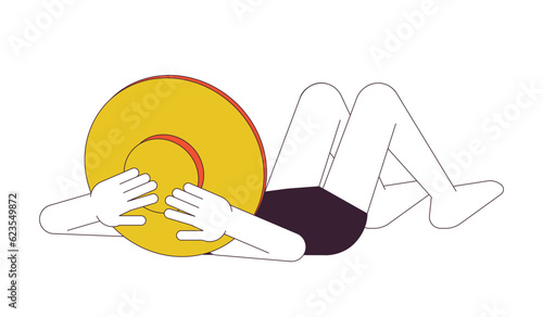 Hat young woman lying on beach flat line color vector character. Editable outline full body person on white. Lady in bikini relaxing at beach simple cartoon spot illustration for web graphic design