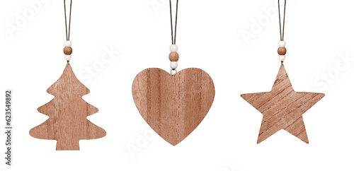 Set of hanging brown wooden ornament. Christmas tree, heart and star isolated on transparent png background. Stock photo