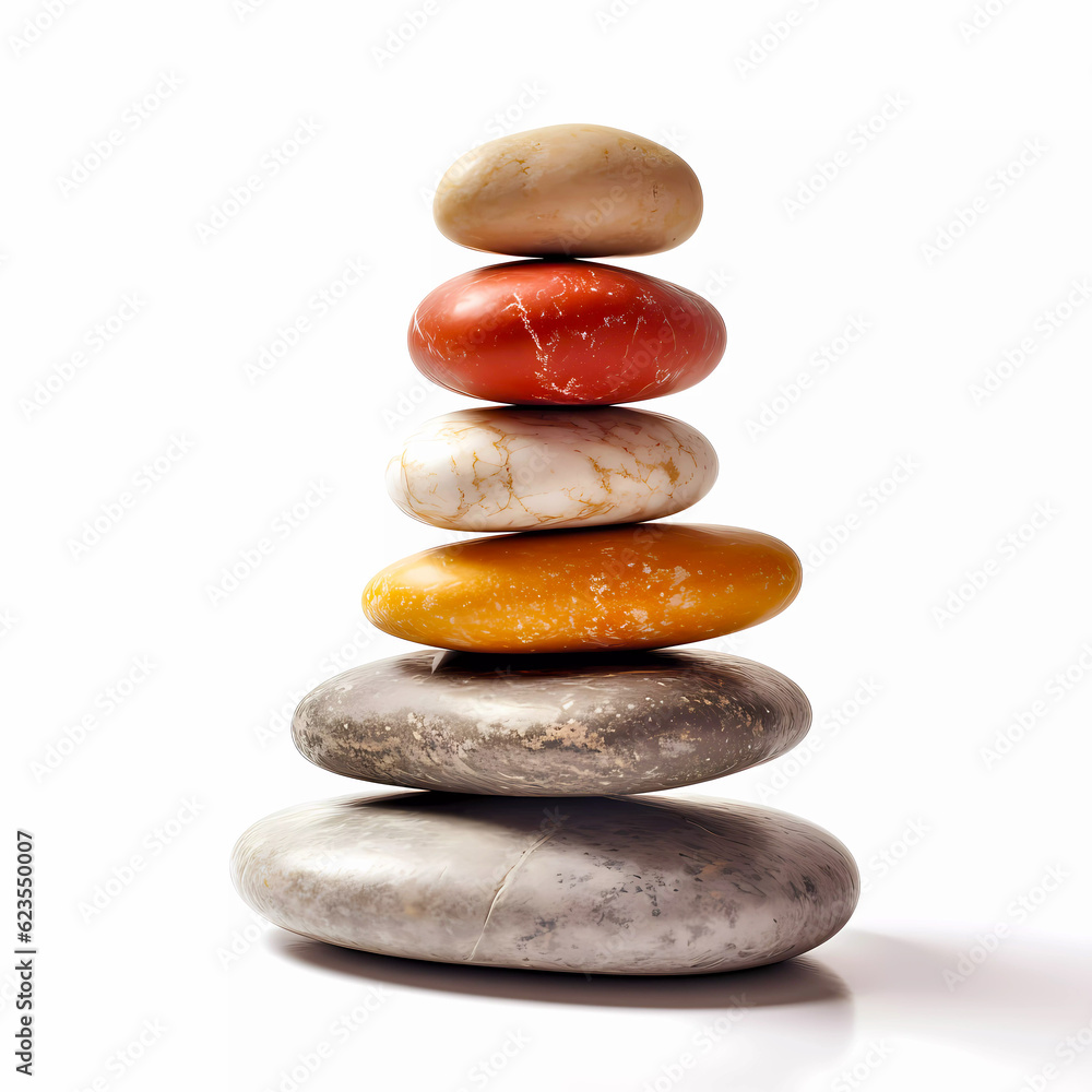 Colorful stacked cairns tower isolated on white background. balancing stacked stone trail marker Colorful stacked cairns tower isolated on white background. balancing stacked stone trail marker