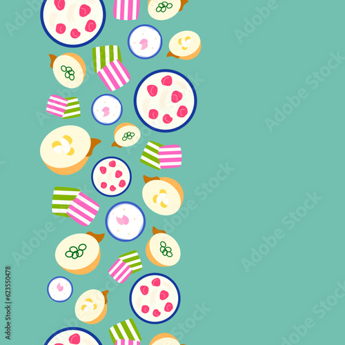 vertical colorful Thailand culture desserts seamless pattern on green background. vector abstract illustration.