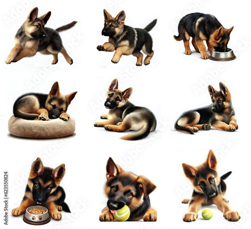 A German Shepherd puppy illustration set of 9 poses isolated on white background