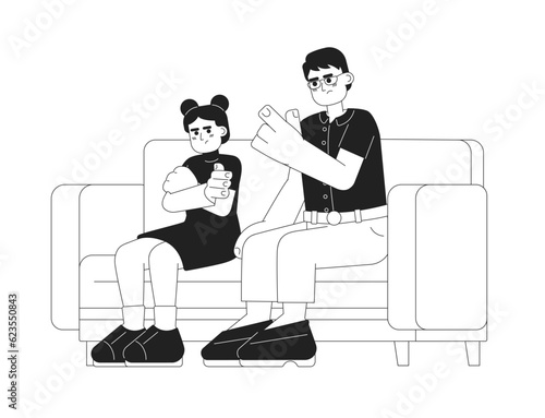 Asian parent scolding child monochrome vector spot illustration. Korean father disciplining frustrated daughter 2D flat bw cartoon characters for web UI design. Isolated editable hand drawn hero image