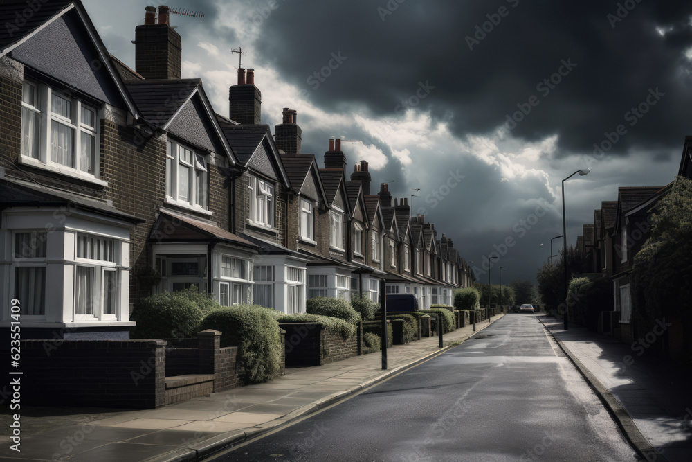 Dark skies above the housing market, england suburban street Dark skies above the housing market, england suburban street