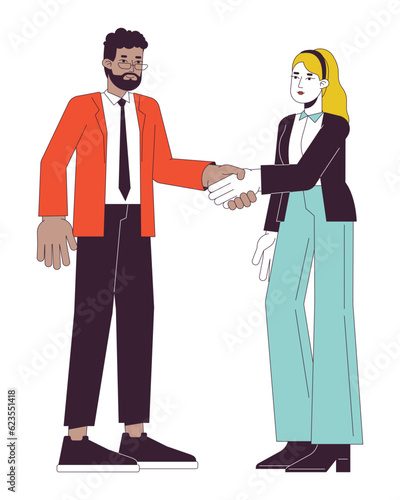 Networking businesspeople flat line vector spot illustration. Hands shaking diversity 2D cartoon outline characters on white for web UI design. Negotiating handshake editable isolated color hero image